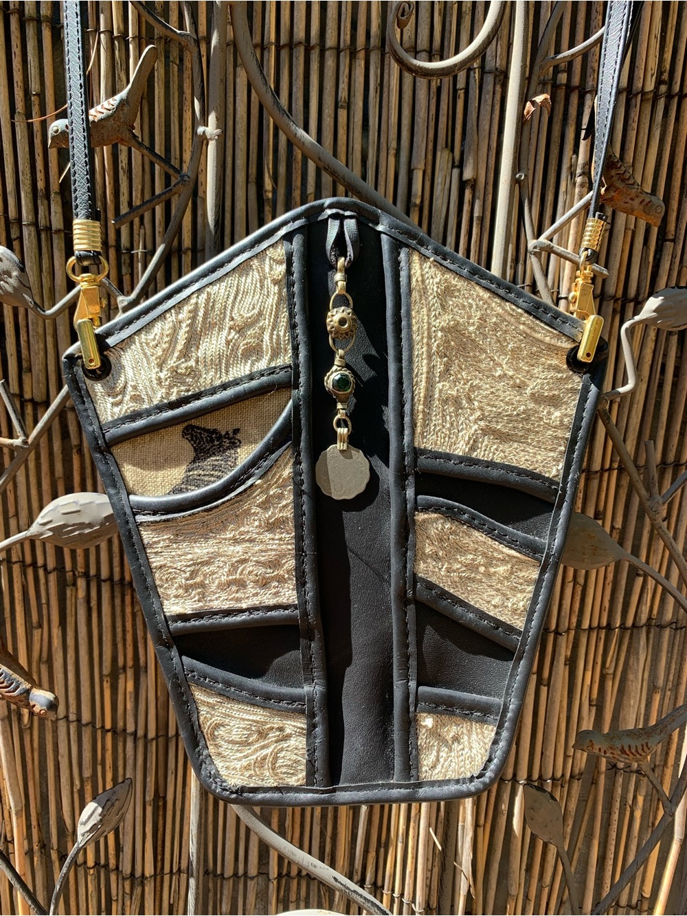 Black and Gold leather embroidered Patchwork Crossbody Bag
